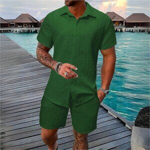 Men's Dark Green Collared Neck Short Sleeve Top & Shorts Resort Outfit
